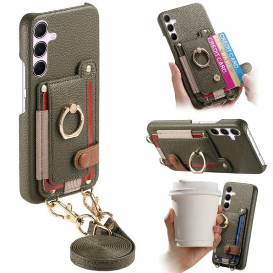 Litchi Texture Card Bag Ring Holder Vegan Leather + PC Phone Case with Shoulder Strap, For Samsung Galaxy S26+ 5G, For Samsung Galaxy S26 Ultra 5G, For Samsung Galaxy S25 5G  