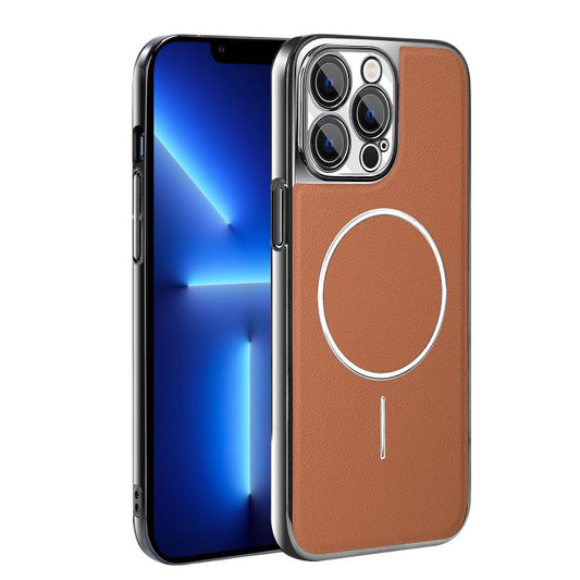 Electroplated Frame Vegan Leather Magnetic Shockproof Phone Case, For iPhone 13 Pro, For iPhone 13, For iPhone 12, For iPhone 12 Pro Max  