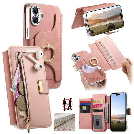 Precision Hole Silver-Edged Ring RFID Blocking Zipper Wallet Magnetic Vegan Leather Phone Case, For iPhone 17, For iPhone 16 Pro Max, For iPhone 16 Pro  