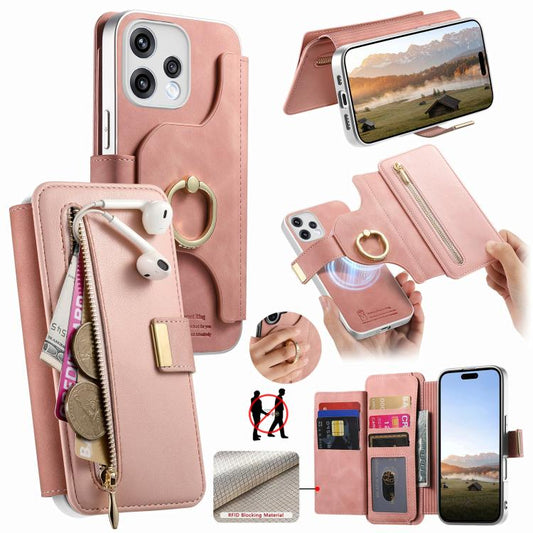Precision Hole Silver-Edged Ring RFID Blocking Zipper Wallet Magnetic Vegan Leather Phone Case, For OPPO Reno15 Global / 15 C 5G, For OPPO Reno15 Pro Global, For OPPO A6 5G Global  