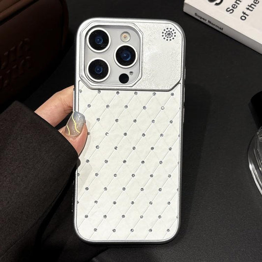 Electroplating PC Grid Texture Vegan Leather Phone Case, For iPhone 14 Pro, For iPhone 14 Pro Max  