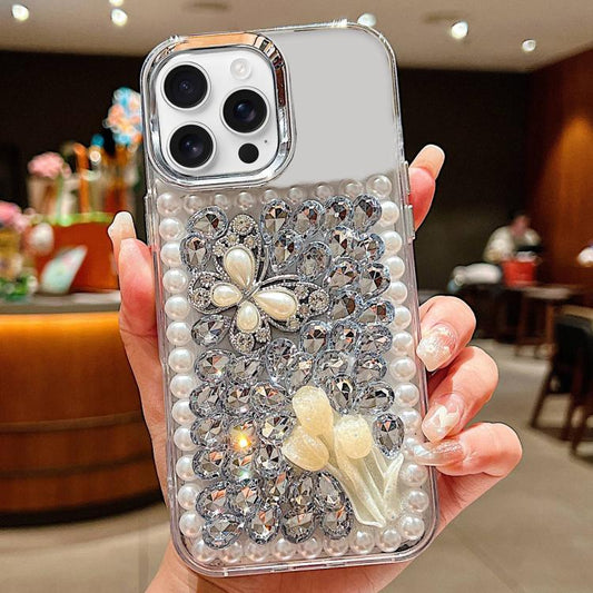 Handmade Pearl Rhinestone Butterfly Acrylic Phone Case, For iPhone 15 Pro Max  