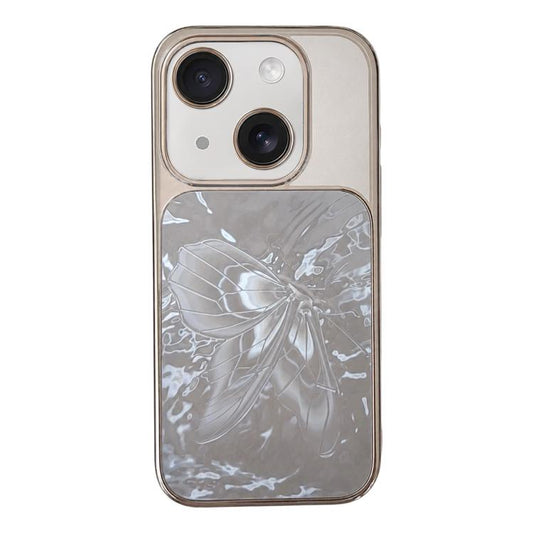 Butterfly Pattern Electroplated PC + Glass Phone Case, For iPhone 15, For iPhone 14, For iPhone 14 Pro, For iPhone 14 Pro Max  