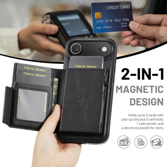 Fierre Shann Oil Wax Vegan Leather Magnetic Card Holder Back Phone Case, For iPhone Air, For iPhone 16 Pro Max, For iPhone 16 Pro, For iPhone 16 Plus  