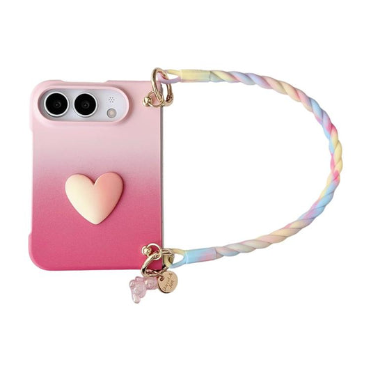 Gradient Skin Feel Anti-fingerprint Phone Case with Heart Charm / Wrist Strap, For iPhone Duo  