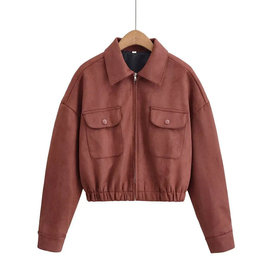 Flip collar pocket hem loose suede Women jacket  