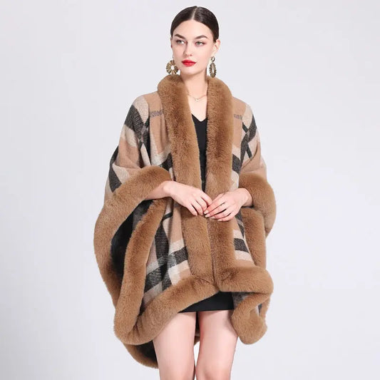 Imitation Rex Rabbit Fur Collar Cape And Shawl Loose Jacquard Knitted Cardigan Cape Coat  