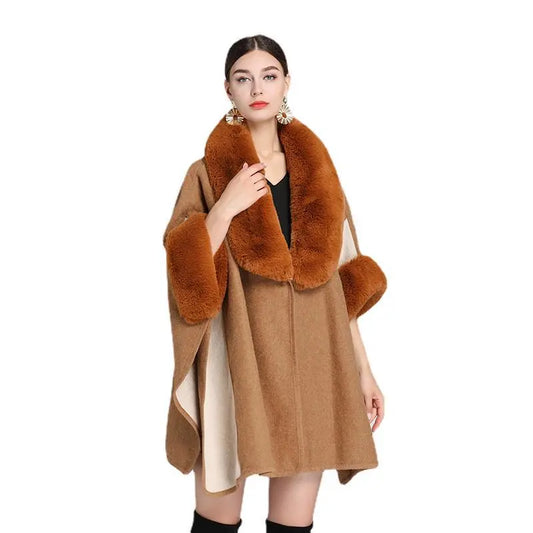 Imitation Rex Rabbit Fur Collar Cape And Shawl Women's Plus Size Loose Woolen Coat  