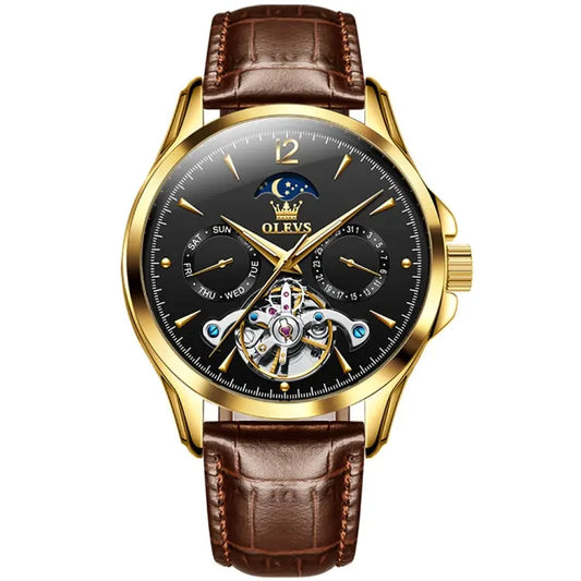 OLEVS 6650 Men Multifunctional Waterproof Hollow Leather Strap Mechanical Watch - UTrano
