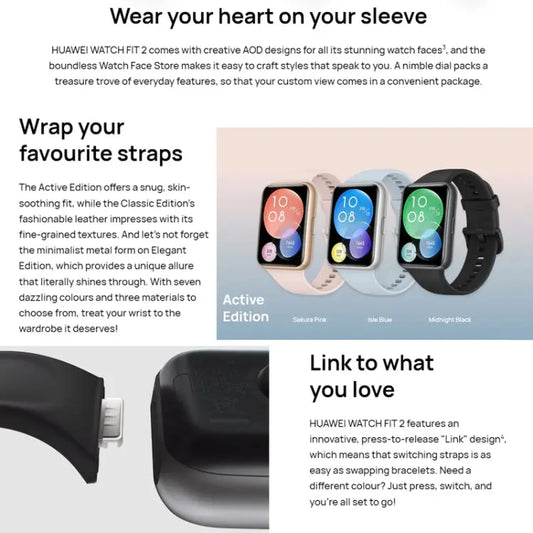Original Huawei WATCH FIT 2 Smart Sports Watch, Black, Pink, Blue, Gray, White Utrano