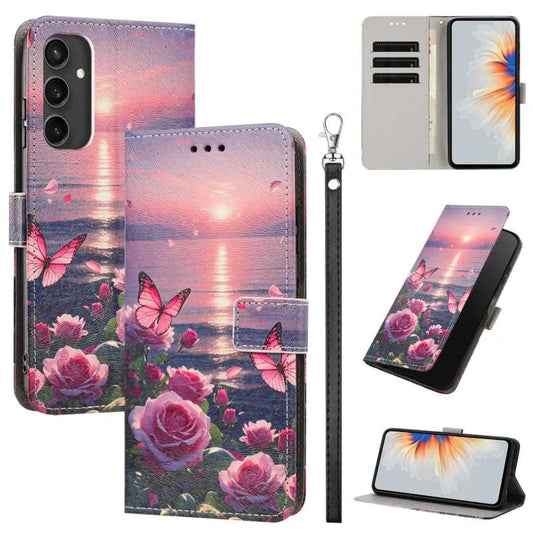 Painted Pattern Vegan Leather Phone Case with Strap, For Galaxy S24 Ultra 5G, For Galaxy S23 FE 5G, For Galaxy S23 Ultra 5G  