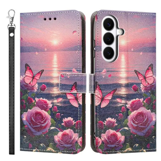 Painted Pattern Vegan Leather Phone Case with Strap, For Galaxy S25 FE 5G, For Galaxy S25 Edge 5G, For Galaxy S24 5G / S25 5G  