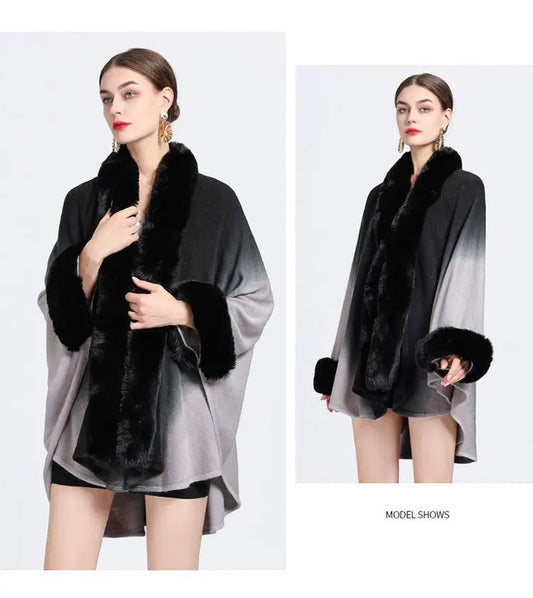 Rabbit Fur Collar Shawl Cape Knitted Cardigan Baggy Coat  