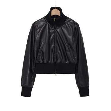 Stand collar versatile and minimalist faux leather executive jacket  