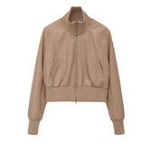 Stand collar versatile and minimalist faux leather executive jacket  