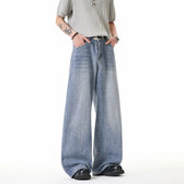 Street Style Washed Stripe Wide Leg Jeans Men's Loose High Waist Drop Crotch Pants  