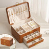 3-Tier Lockable Leather Jewelry Box with 2 Drawers, 8 Necklace Hooks, Stud Plate & Removable Dividers  