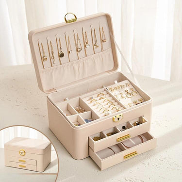 3-Tier Lockable Leather Jewelry Box with 2 Drawers, 8 Necklace Hooks, Stud Plate & Removable Dividers  