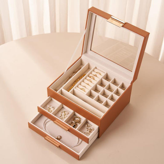 Glass Top 3-Tier Leather Jewelry Box with 2 Drawers Removable Dividers for Rings Earrings Bracelets  