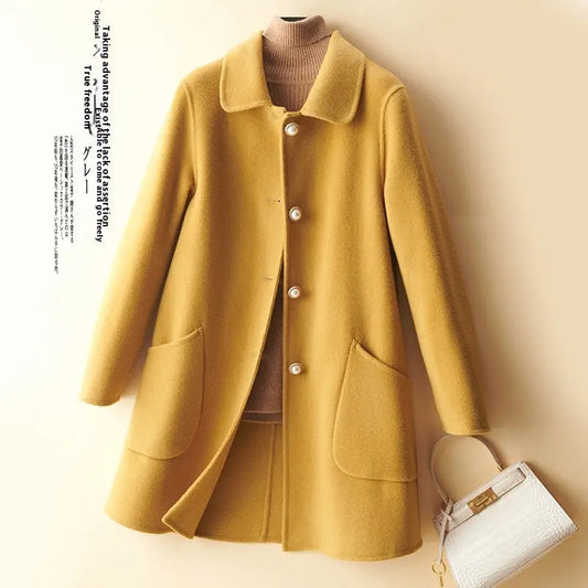 Wool Pearl Buckle Double-faced Woolen Goods Women's Doll Collar Mid-length Coat  
